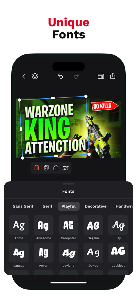 Thumbnail Maker - TubeCut - Una interfaz móvil de la aplicación TubeCut mostrando varios estilos de fuente únicos para una miniatura de YouTube de gaming