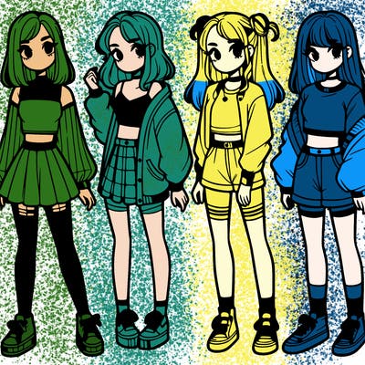 one girl with crop-top shirt and a jacket with a skirt, long socks and another girl with a shirt and pants with a jacket