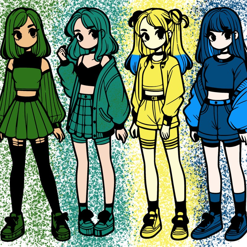 one girl with crop-top shirt and a jacket with a skirt, long socks and another girl with a shirt and pants with a jacket