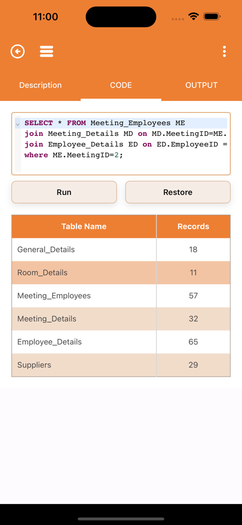 SQL Code Play - SQL Code Play mobile app interface showing a built-in SQL editor with a sample join query and a database table record summary