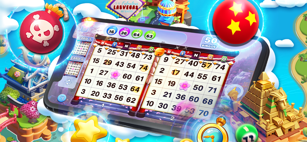 Bingo Lucky: Happy Bingo Games - Bingo Lucky mobile game interface showing multiple cards and colorful world travel themes