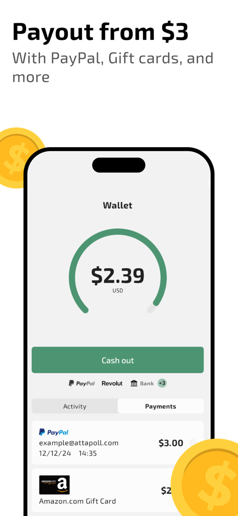 AttaPoll app interface showing a 3 dollar payout threshold with options for PayPal and gift cards