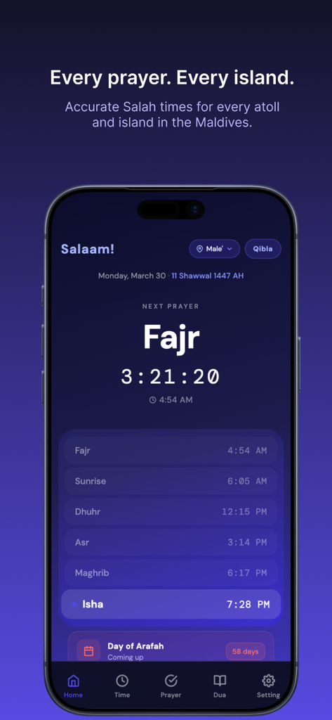 Mu'mina - A minimalist iPhone screenshot of the Mu'mina app showing accurate Islamic prayer times for the Maldives.