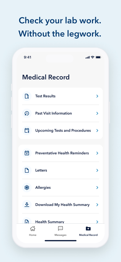 Kaiser Permanente - Kaiser Permanente app showing the Medical Record interface with sections for test results, past visit information, and health summaries.