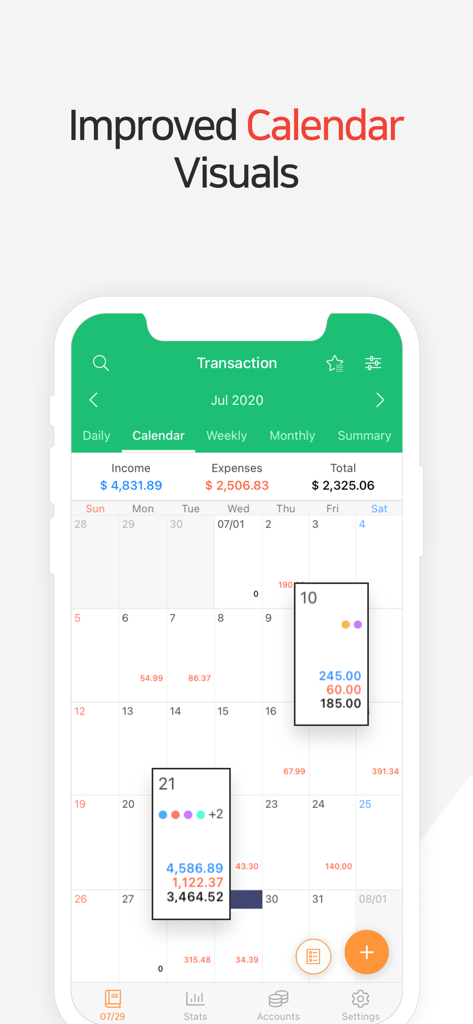 Money Manager app interface showing a monthly calendar with daily income and expense summaries