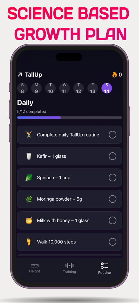 TallUp AI : Height Increase - TallUp AI daily routine tracker showing a science-based growth plan with nutrition and exercise goals.