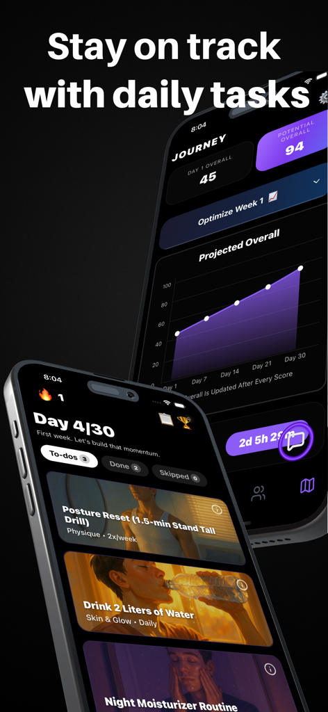 Mogged app screens showing daily glow up tasks and a projected overall progress graph for men