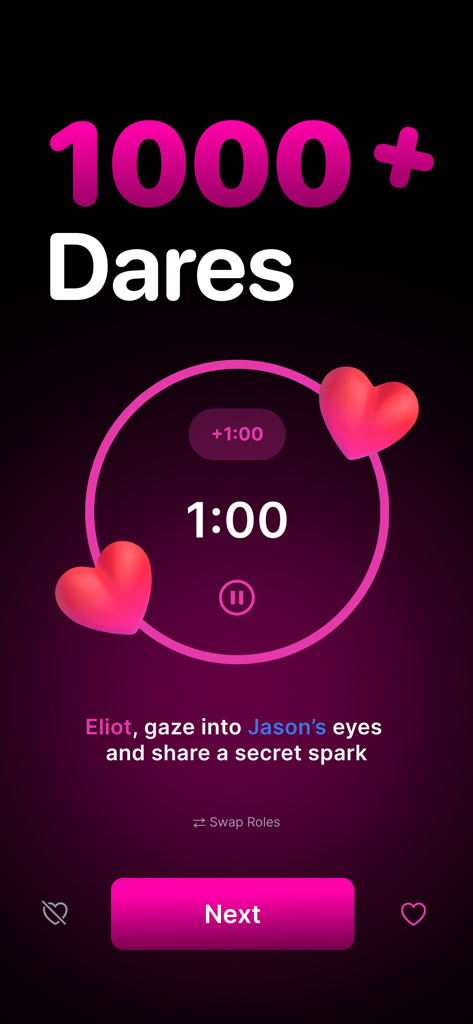 Captura de pantalla de la aplicación DareMe mostrando un desafío romántico con un temporizador de un minuto y corazones