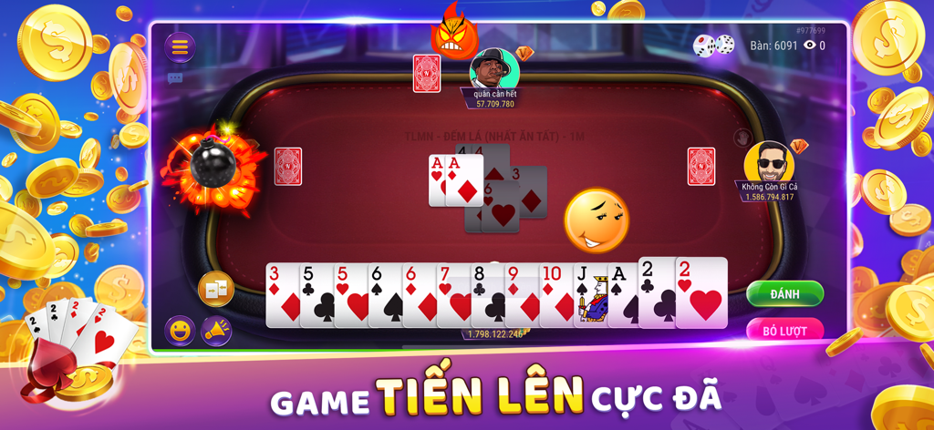 KPlay: Online Social Poker - Tien Len card game interface in the KPlay app showing a table with player avatars and social reactions.