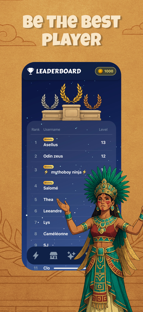 Sphinx Quiz Mythology - Leaderboard screen of the Sphinx Quiz Mythology app showing player rankings and a Mayan goddess character