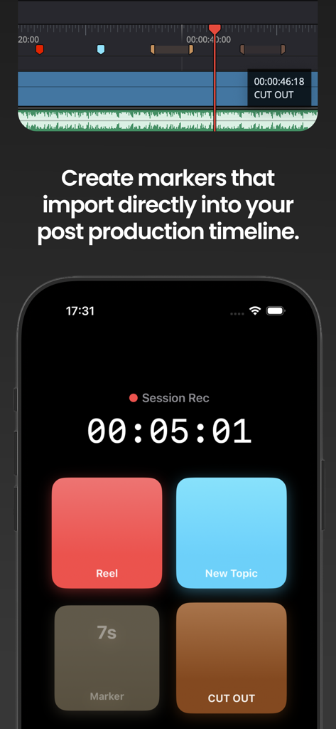 Marker for Creators - クリエイター向けマーカーアプリのiPhoneインターフェース。セッション録画ボタンとビデオ編集タイムラインが表示されている。