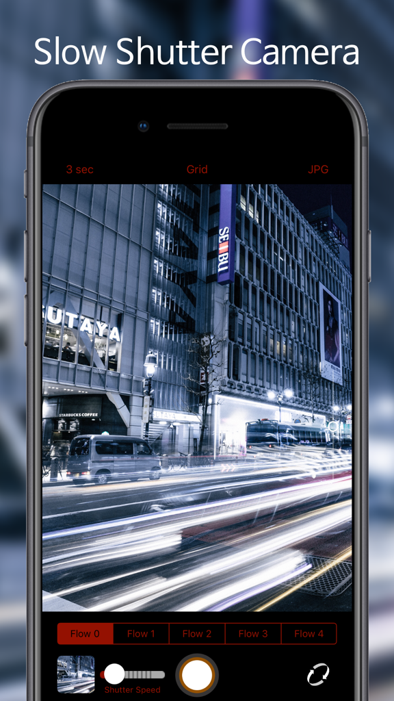 Flow Shutter Cam app interface showing long exposure light trails in a city at night