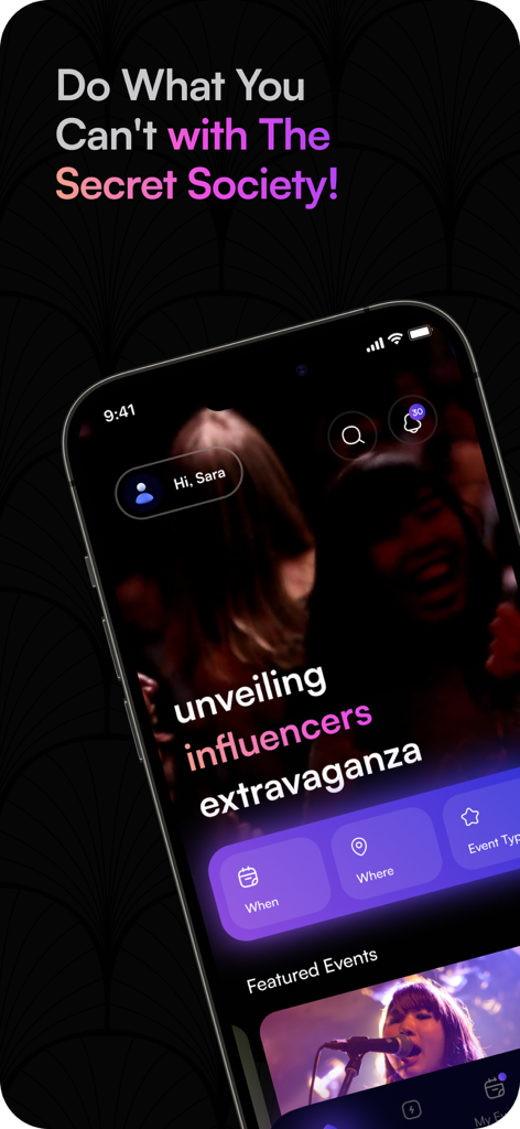 The Secret Society - The Secret Society app dashboard showing exclusive events and lifestyle deals for content creators