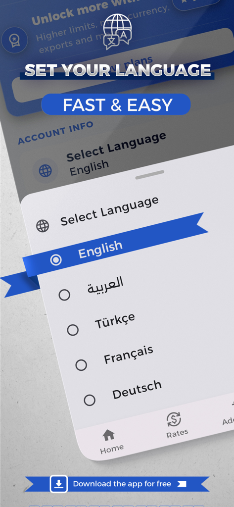 CountiQ Finance - Un écran mobile montrant le menu de sélection de langue dans l'application CountiQ Finance avec des options pour l'anglais, l'arabe, le turc, le français et l'allemand.