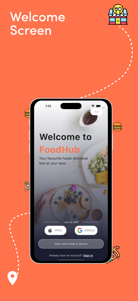 Graby.qa - Graby.qa food delivery app welcome screen with Apple and Google sign in options