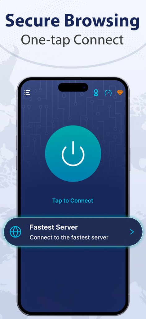 GoVPN: Fast & Secure VPN Proxy - GoVPN app interface on iPhone featuring a one-tap connect button and fastest server selection for secure browsing.
