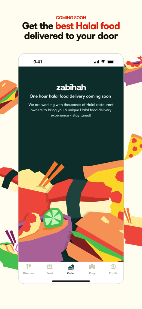 Zabihah app interface announcing upcoming halal food delivery service