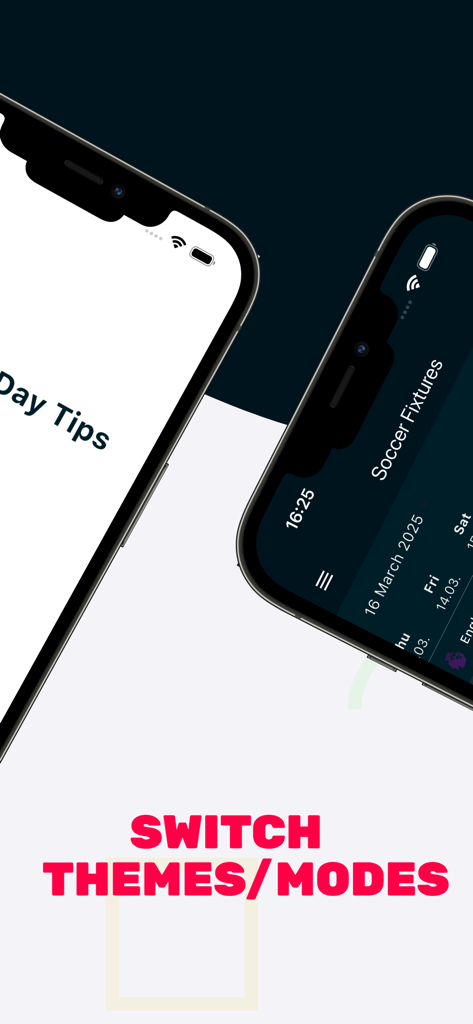 Expert Football Tips - Ein Vergleich zwischen hellem und dunklem Modus-Design in der Expert Football Tips Mobile-Anwendung.