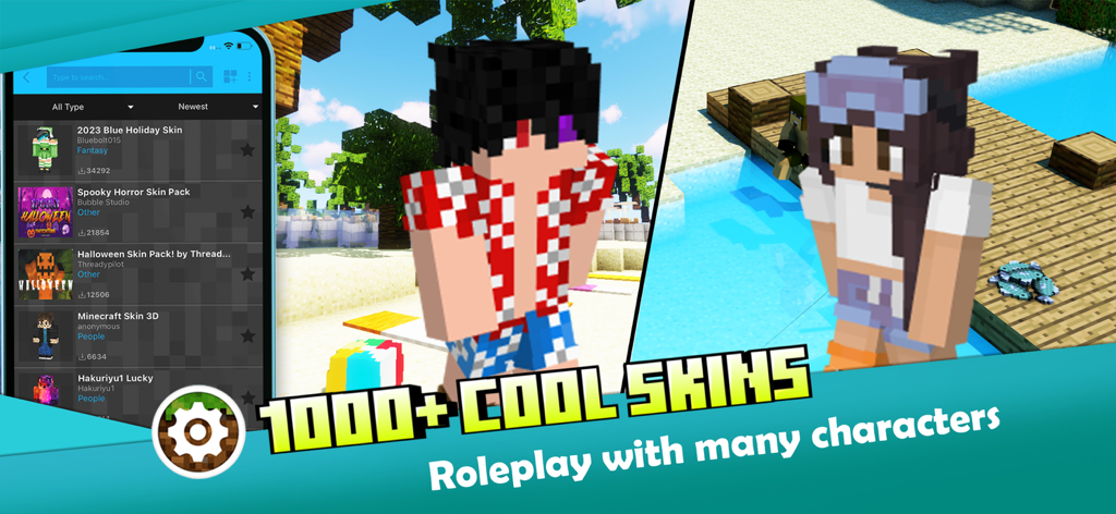 Interface of Master AddOns for Minecraft PE showing a variety of character skins for roleplay