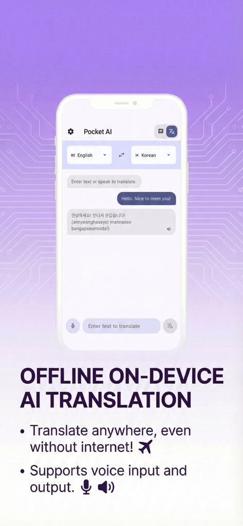 Pocket AI: Pocket Offline AI - Smartphone screen displaying Pocket AI offline translation between English and Korean