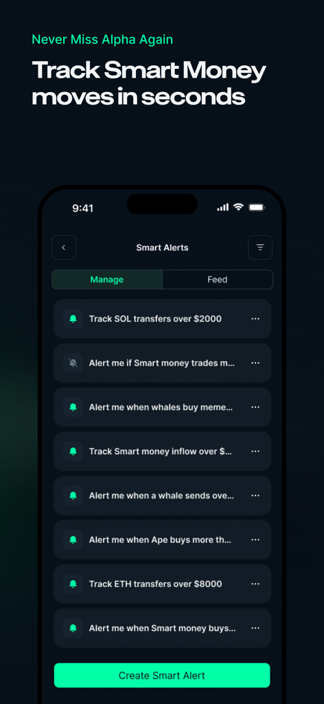 Nansen AI - Interface of Nansen AI mobile app showing smart alerts to track whale moves and crypto transfers.