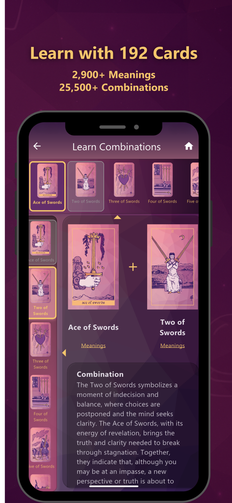 Meu Tarot - Interfaccia dell'app Meu Tarot che mostra lo strumento di apprendimento delle combinazioni di carte con i significati per Asso di Spade e Due di Spade.