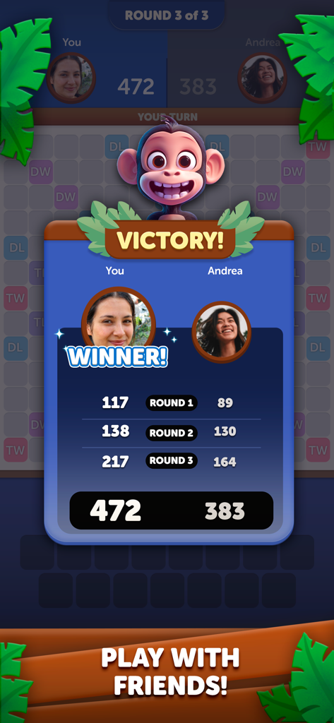 Monkey Words game victory screen showing match results and total scores