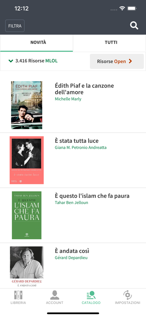 Vista del catálogo de la aplicación MLOL Ebook Reader que muestra una lista de ebooks italianos para préstamo digital