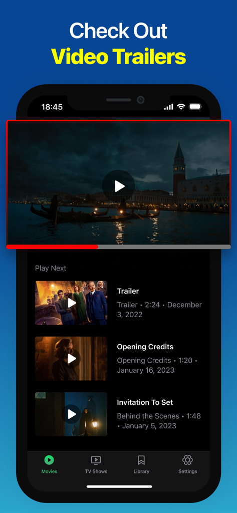 Xciptv - Une interface mobile de l'application XCIPTV montrant un lecteur de bande-annonce de film et une liste de vidéos associées.