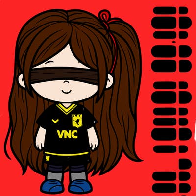 girl with aston villa football club top on and blind/brrown pony tail