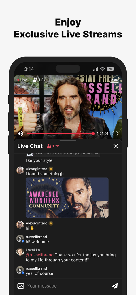 Locals.com - Interface do aplicativo Locals mostrando uma transmissão ao vivo exclusiva com chat da comunidade em tempo real