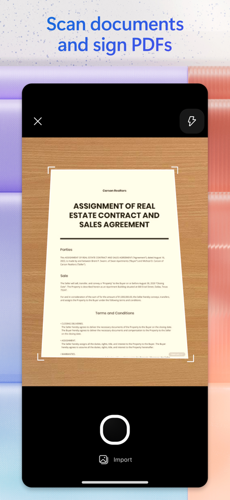 Mobile interface scanning a real estate contract document using the Microsoft 365 Copilot app