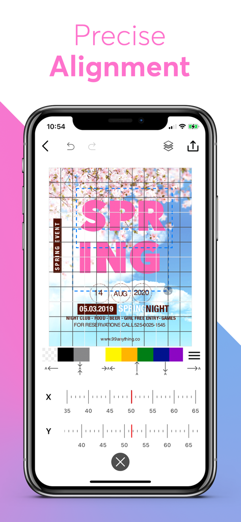 Interface of the Phonto app showing a grid overlay and coordinate sliders for precise alignment of text on a photo