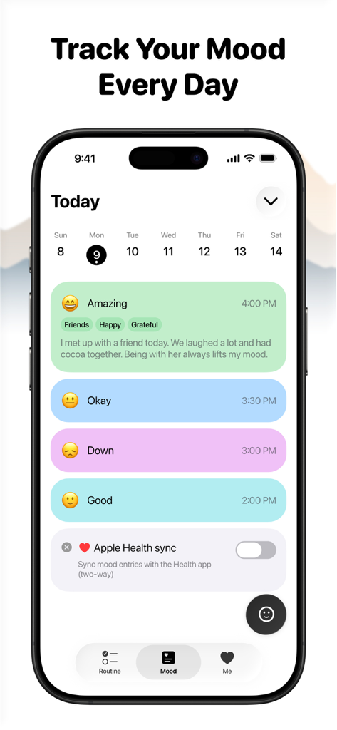 Daijobu – Daily Habit Tracker - A screenshot of the Daijobu app showing the daily mood tracking interface with color-coded entries and Apple Health integration