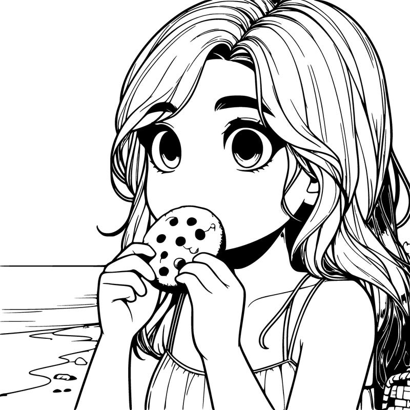 realistic girl eating a cookie on beach