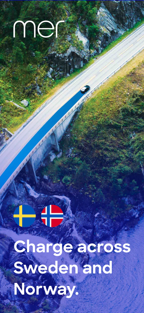 Mer Connect - Electric car driving on a scenic road in Scandinavia with text saying Charge across Sweden and Norway