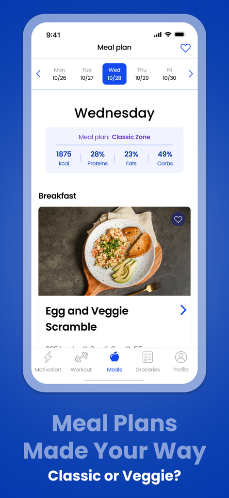 ML.Fitness Workout For Women - ML Fitness app meal plan interface showing an egg and veggie scramble recipe with calorie and macronutrient tracking