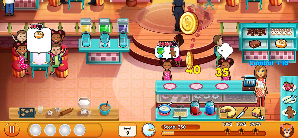 Julie's Sweets - Julie serving sweets and drinks to customers in a busy bakery level