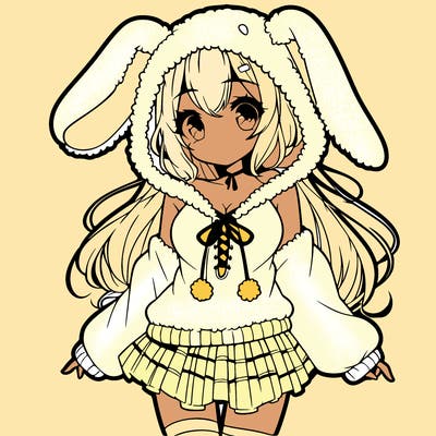 pretty anime girl wearing a fluffy hoodie with bunny ears on the hood and a skirt