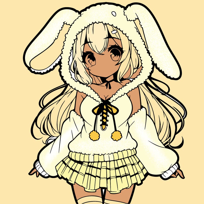 pretty anime girl wearing a fluffy hoodie with bunny ears on the hood and a skirt