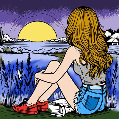 realistic girl sitting and watching the sunset