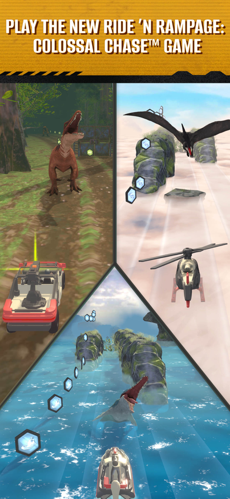 Split screen showing land sea and air dinosaur chase gameplay from the Ride N Rampage Colossal Chase mission