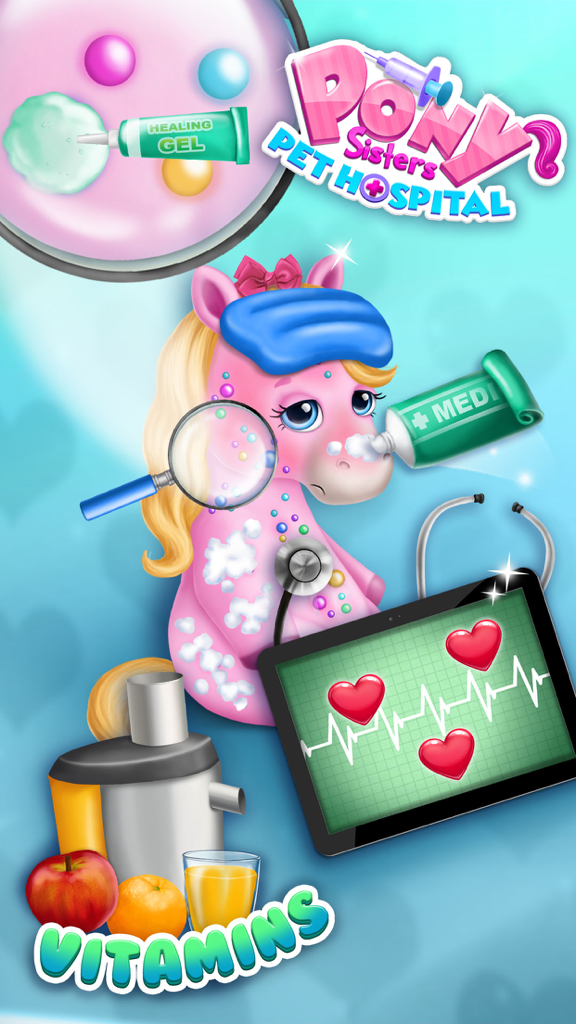 Pink pony receiving medical care with a stethoscope and vitamin juice in a pet hospital game