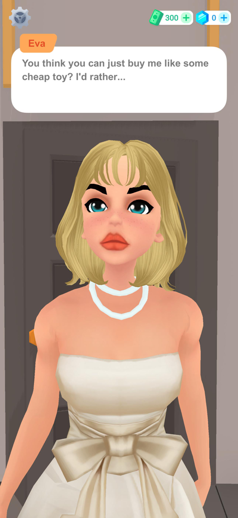 億万長者の花嫁ゲームで、白いウェディングドレスを着たキャラクターのエヴァが、ドラマチックなセリフの吹き出しと共に。