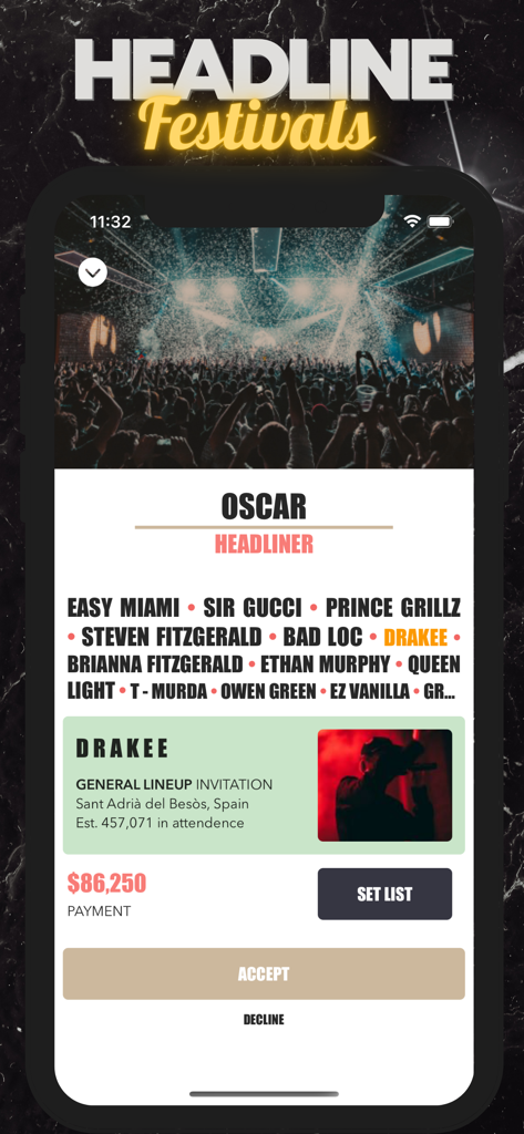 Jogabilidade do Music Star Life Simulator mostrando a escalação de um festival de música e um convite para apresentação de um artista