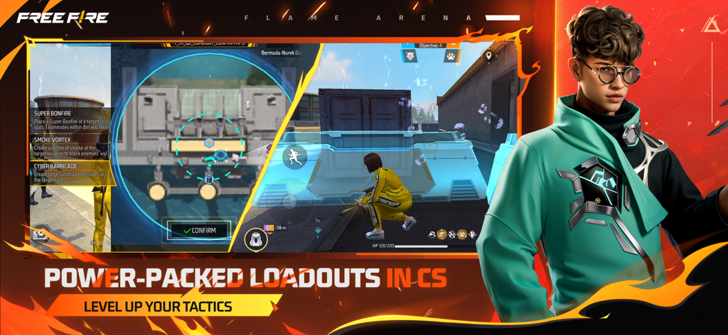 Captura de pantalla del juego móvil Free Fire que muestra cargas potentes y jugabilidad táctica en el modo Clash Squad.