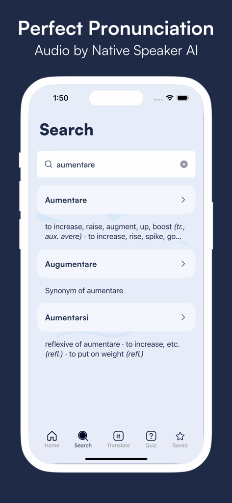 Vurbit: Learn Italian Fast - Search screen of the Vurbit app showing Italian verb definitions and related conjugation forms.