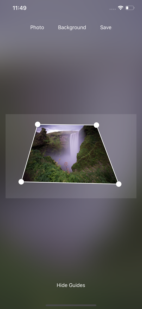 Photo Perspective - Photo Perspective app interface showing manual four point transformation of a waterfall landscape