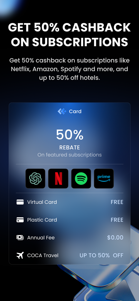 COCA: Crypto Card & Wallet - COCA app screen promoting 50 percent cashback on subscriptions like Netflix and Spotify plus free virtual and plastic cards