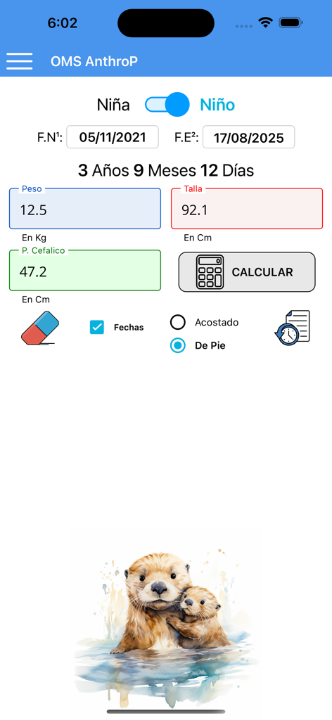 Mobile app interface of OMS AnthroP showing input fields for pediatric weight height and head circumference to calculate growth percentiles